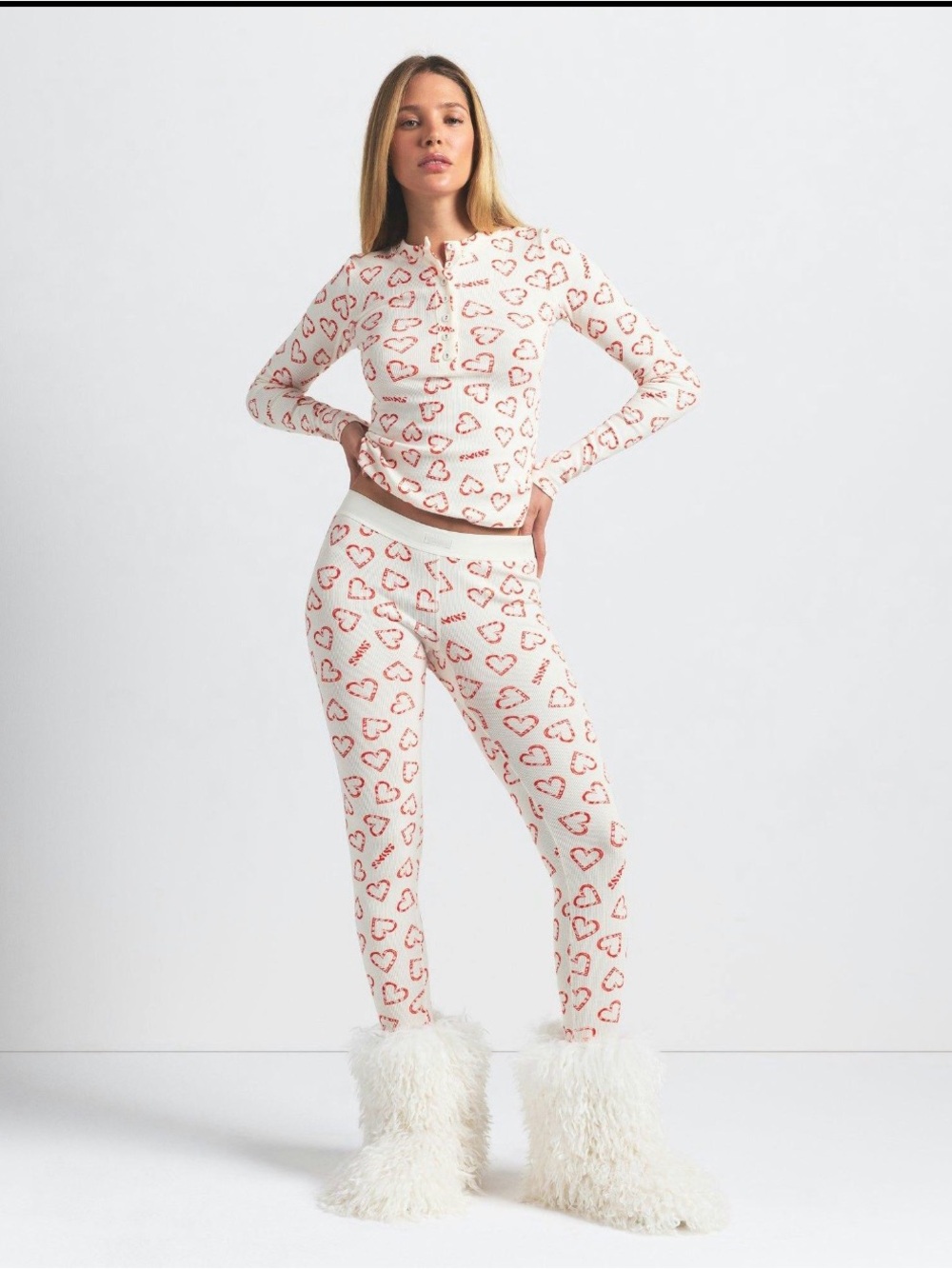 SKIMS White Thermal Heart-Print Pajama Set with Red Hearts